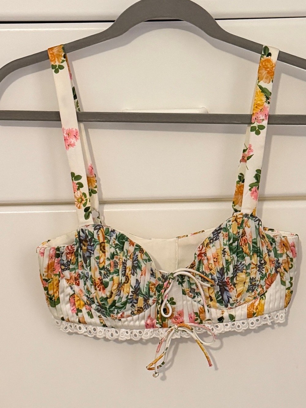 For Love & Lemons Floral Cropped Bustier Top - Cream with Pink & Yellow Flowers